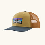 Patagonia P-6 logo trucker hat in lynx tan. Made with organic cotton with a polyester mesh back.