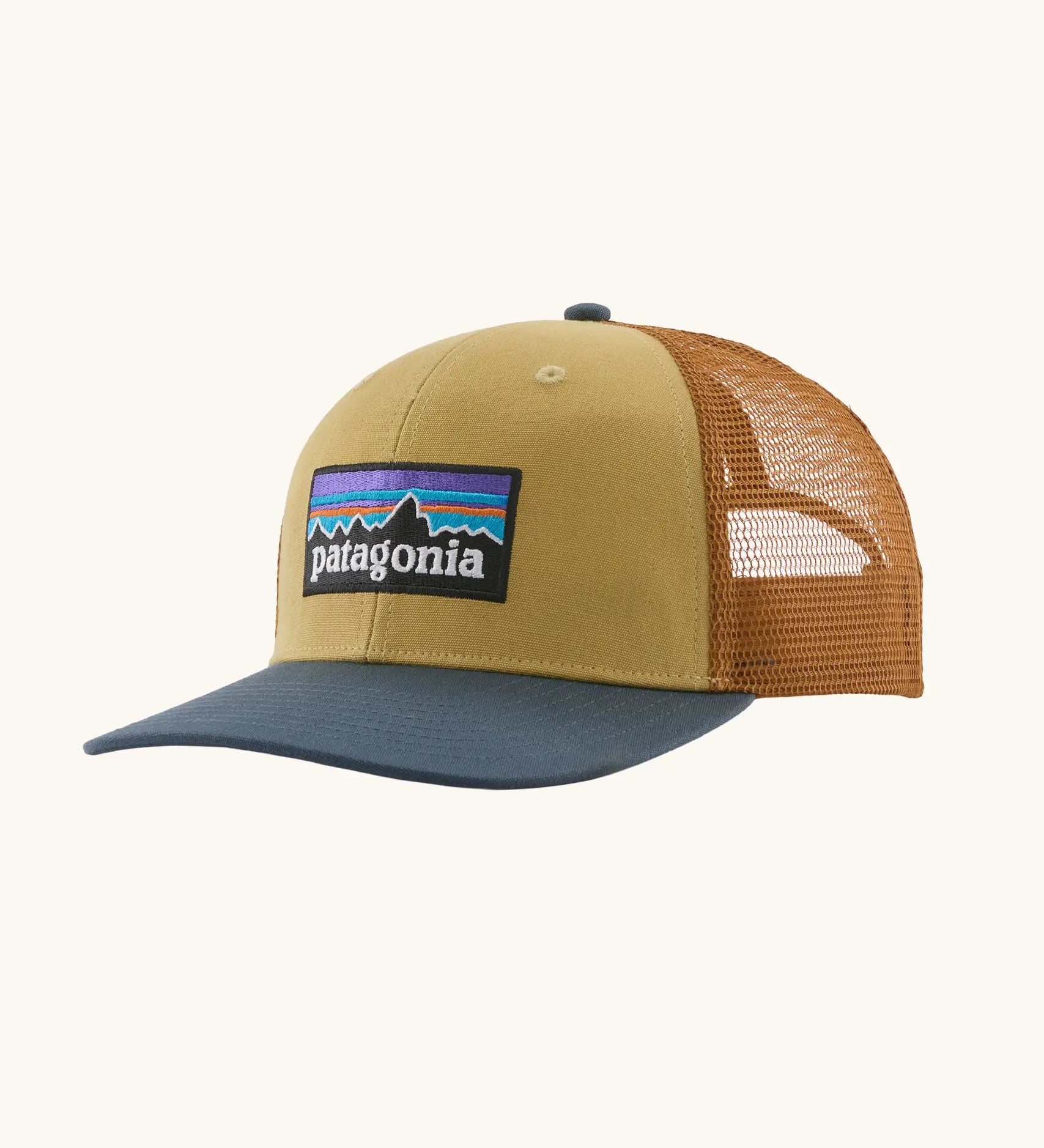 Patagonia P-6 logo trucker hat in lynx tan. Made with organic cotton with a polyester mesh back.