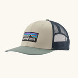 Patagonia P-6 logo trucker hat in  pumice. Made with organic cotton with a polyester mesh back.