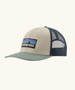 Patagonia P-6 logo trucker hat in  pumice. Made with organic cotton with a polyester mesh back.