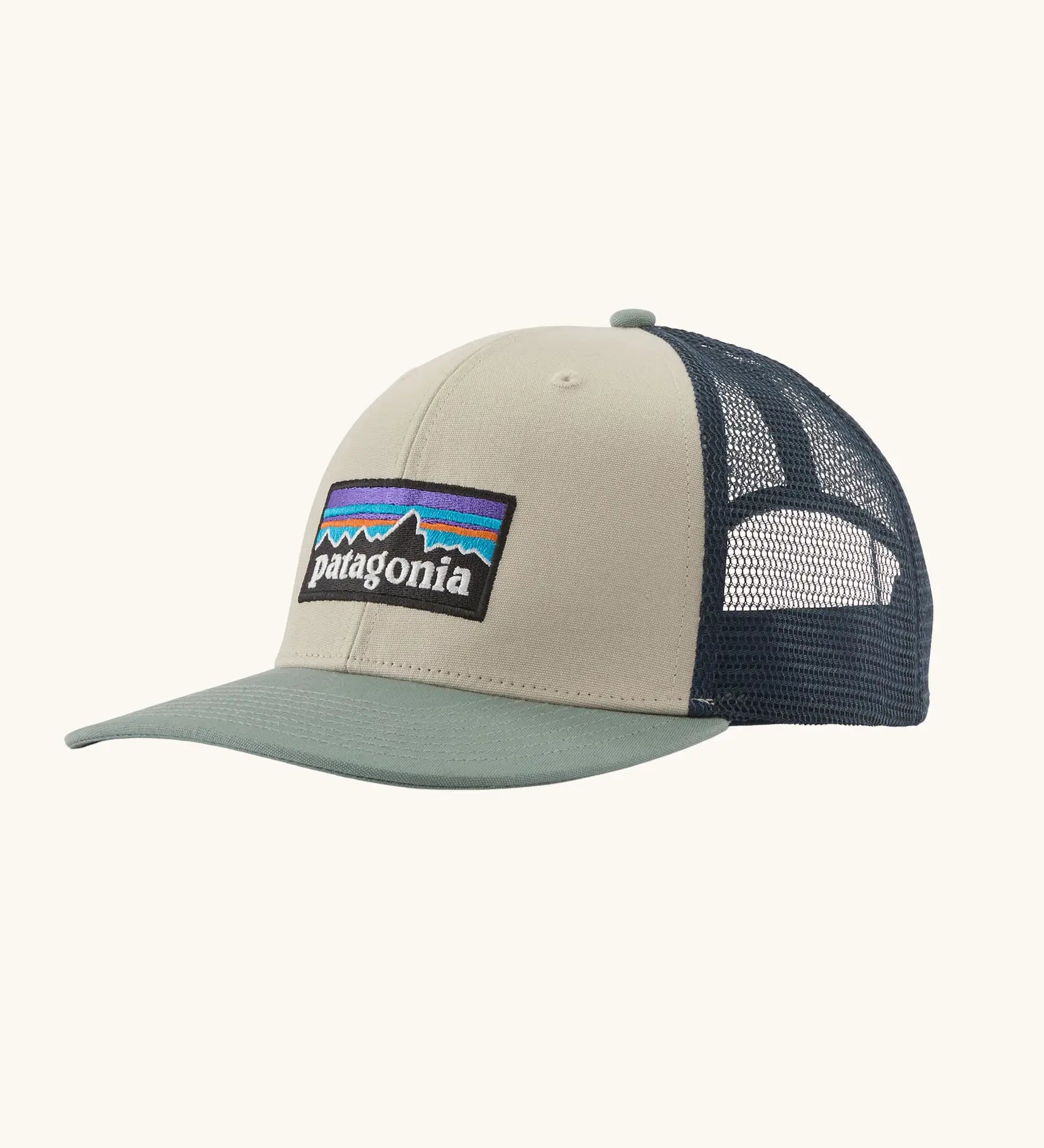 Patagonia P-6 logo trucker hat in  pumice. Made with organic cotton with a polyester mesh back.
