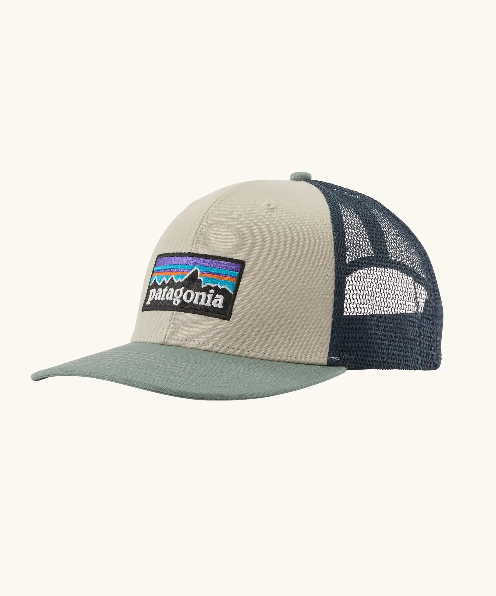 Patagonia P-6 logo trucker hat in  pumice. Made with organic cotton with a polyester mesh back.
