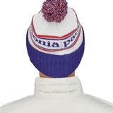 Back view of the Patagonia park stripe viking blue beanie. Showing the pom pom detail and turn up ribbed brim