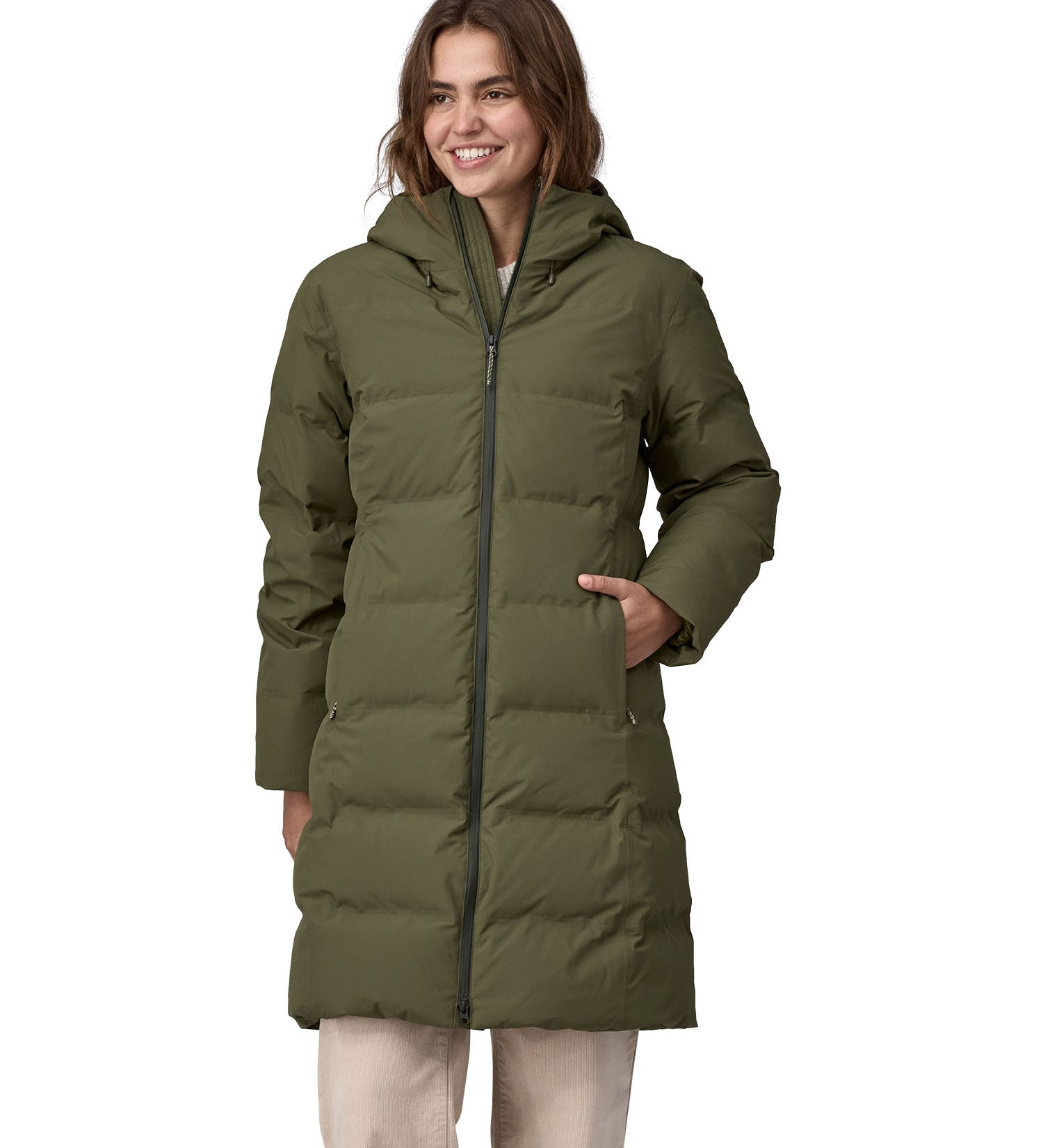 Patagonia women's glacier parka coat in basin green colour front detail