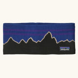 Patagonia powder town fleece lined headband with a classic fitz roy P6 design in blue.