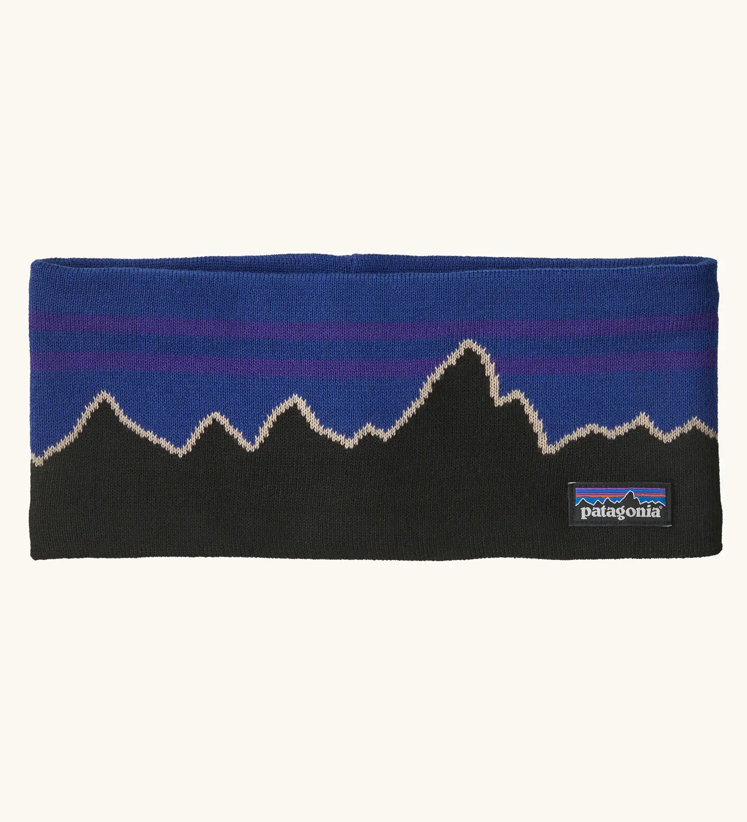 Patagonia powder town fleece lined headband with a classic fitz roy P6 design in blue.