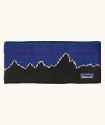 Patagonia powder town fleece lined headband with a classic fitz roy P6 design in blue.