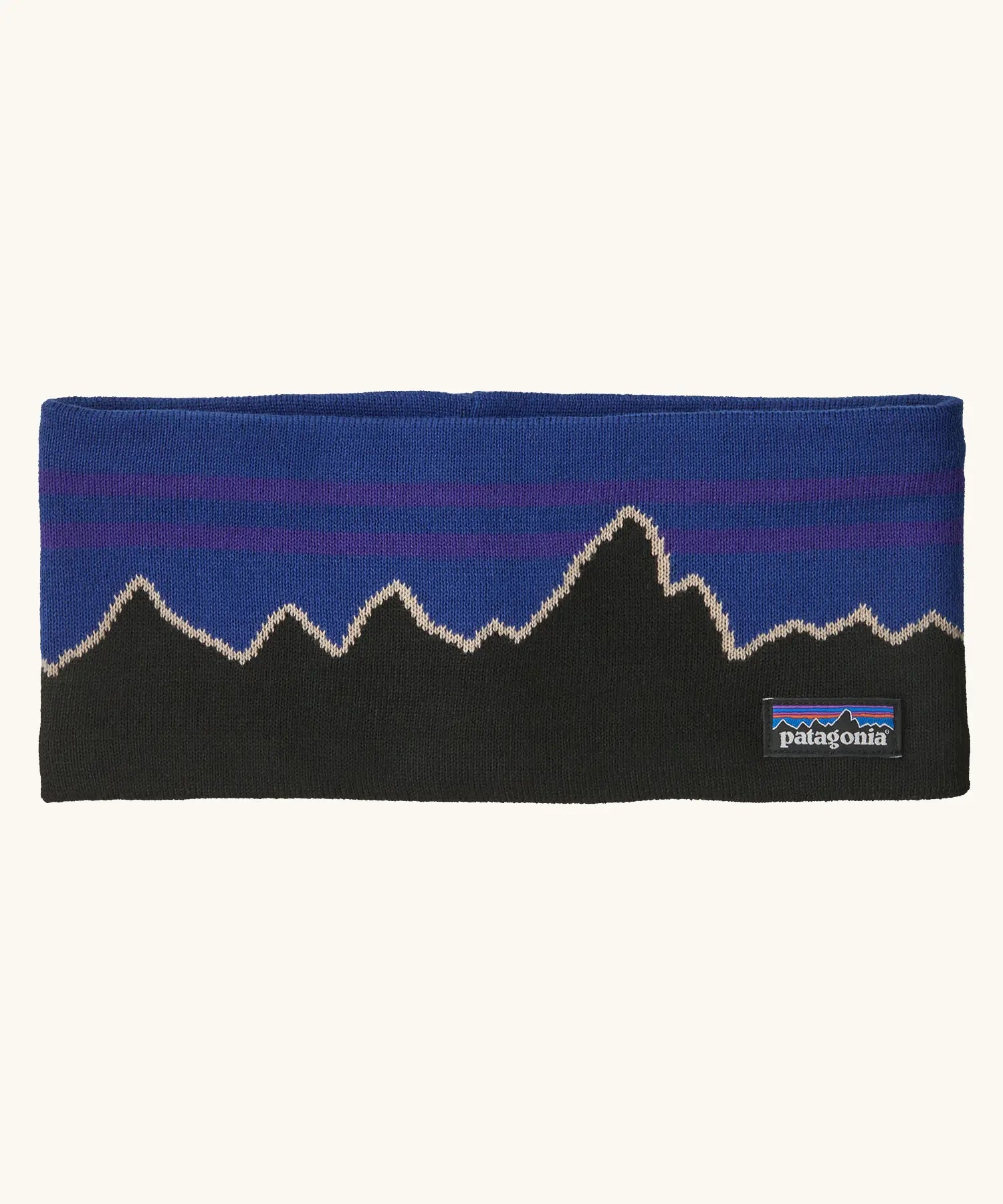 Patagonia powder town fleece lined headband with a classic fitz roy P6 design in blue.