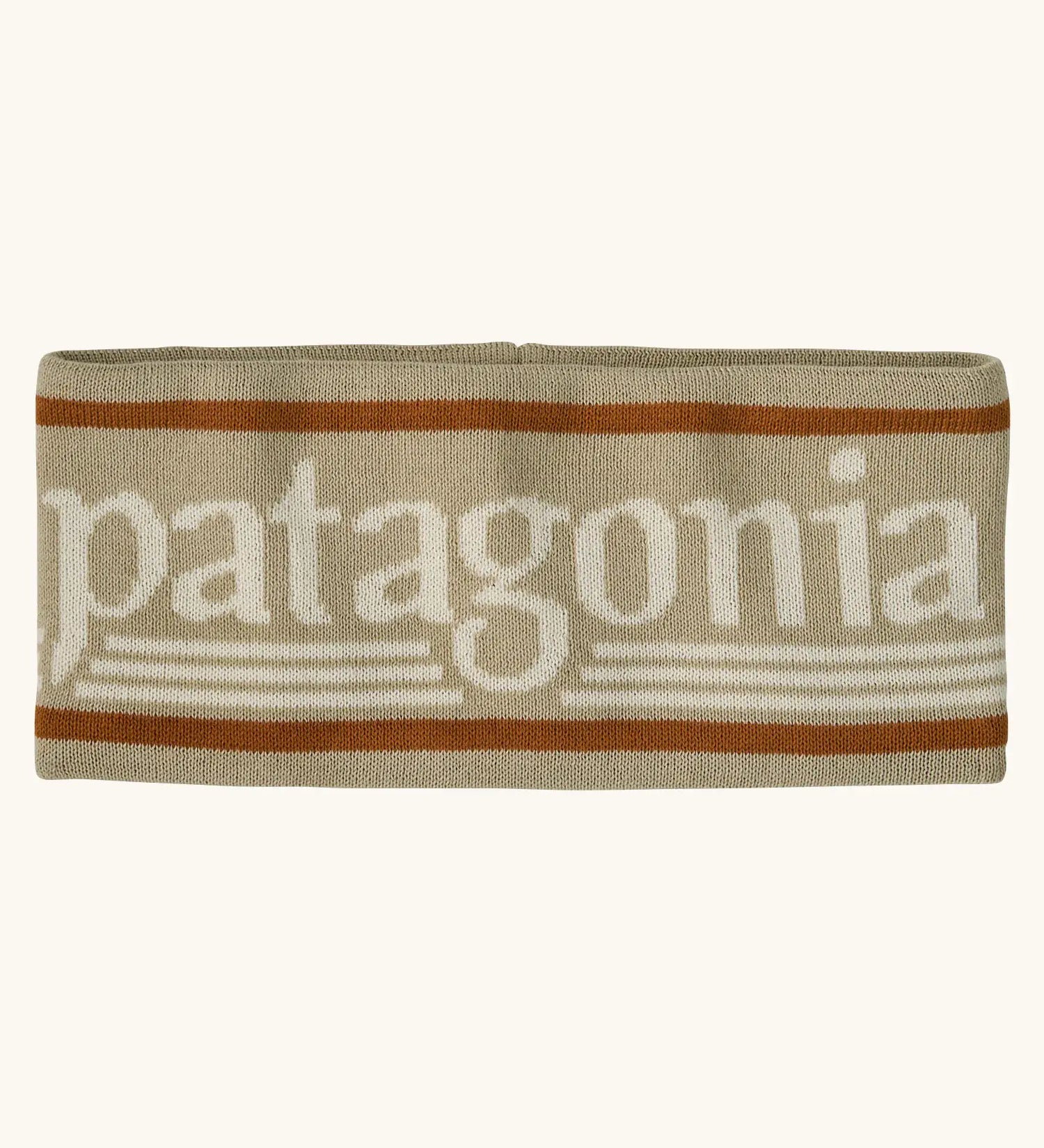 Patagonia powder town fleece lined headband with a hut tripper logo design in weathered stone.
