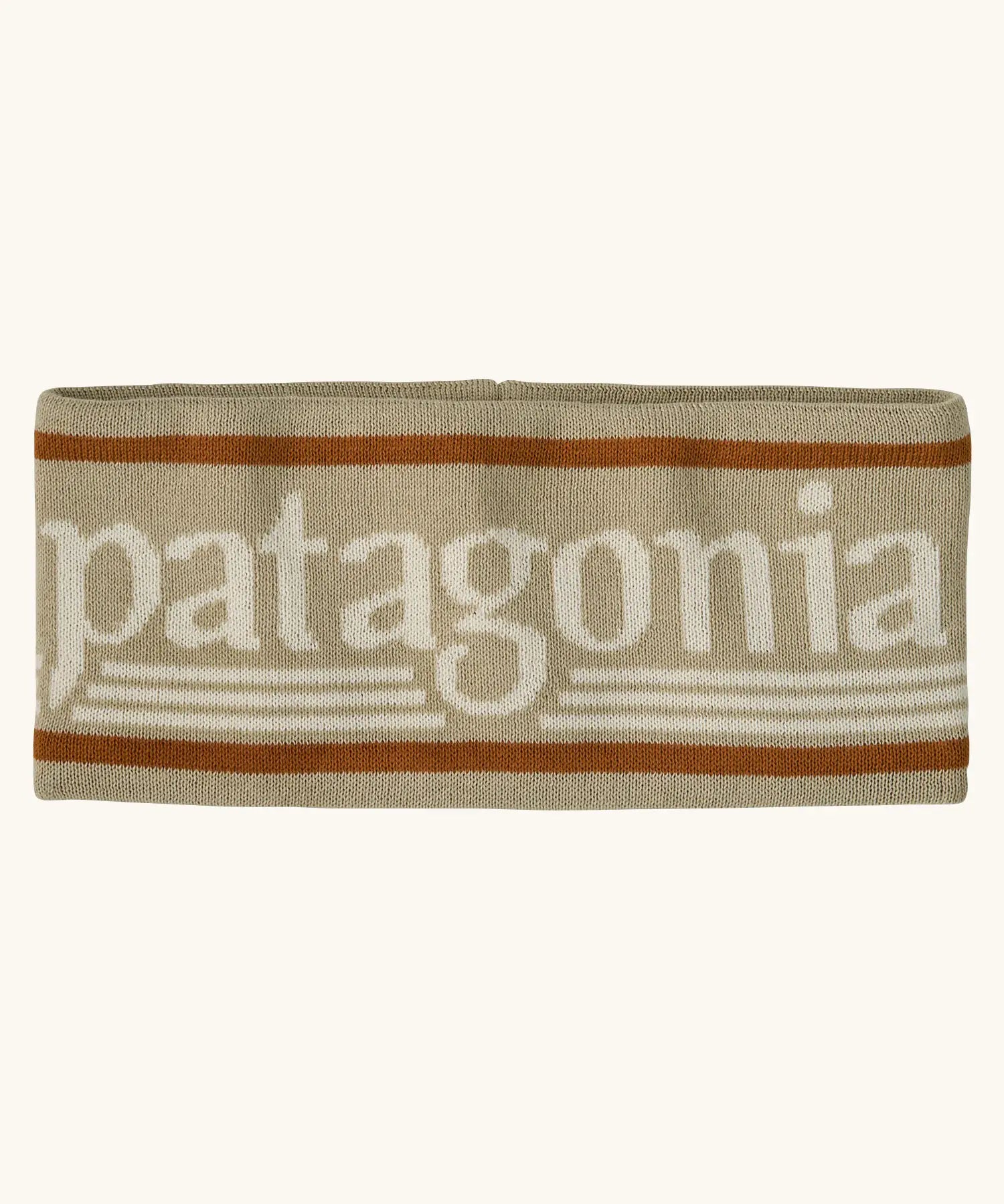Patagonia powder town fleece lined headband with a hut tripper logo design in weathered stone.