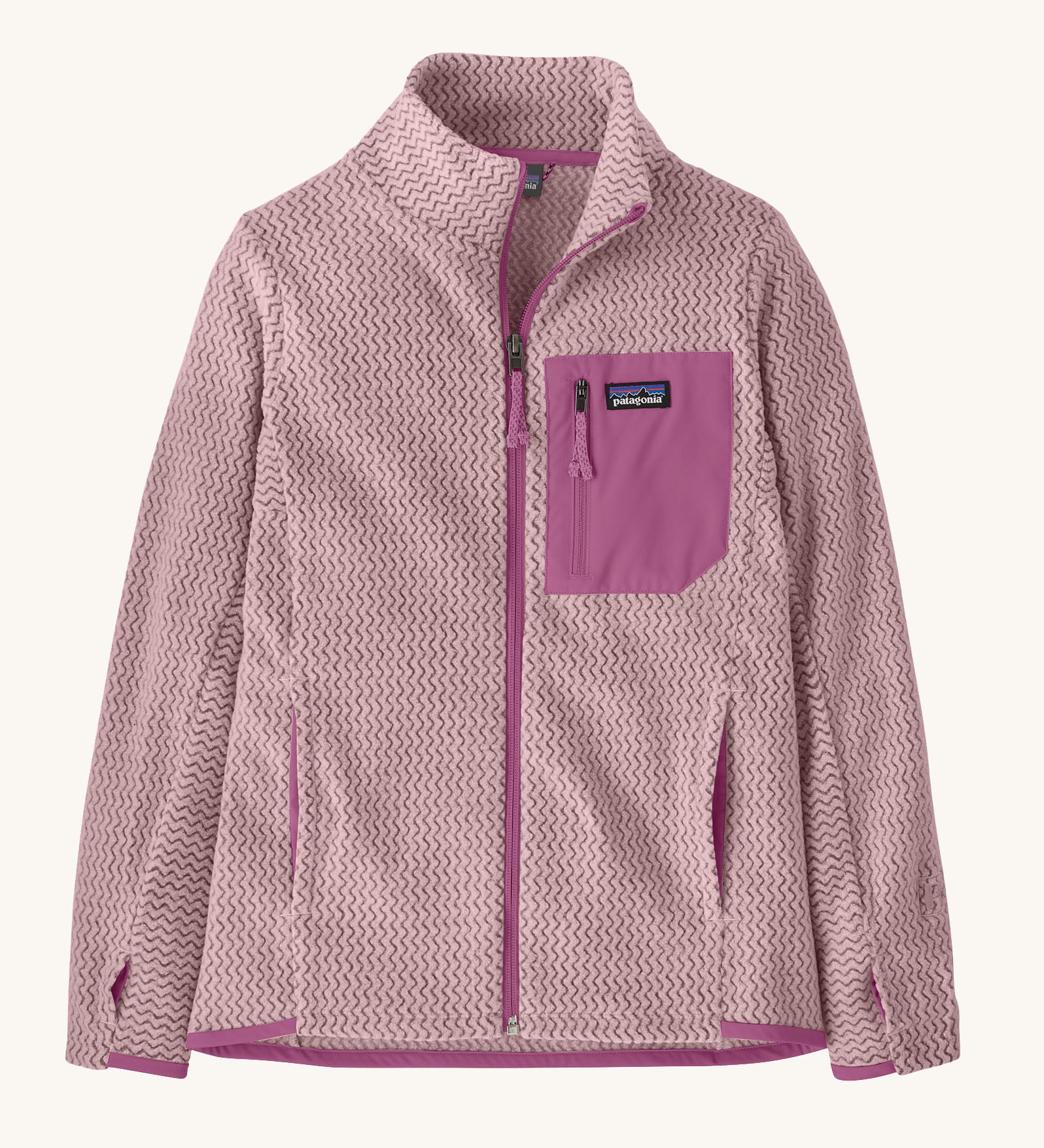 Patagonia kid's R1 air full-zip jacket in quiet violet light purple with a small black logo tab on the chest pocket. 