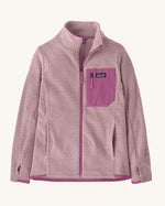 Patagonia kid's R1 air full-zip jacket in quiet violet light purple with a small black logo tab on the chest pocket. 