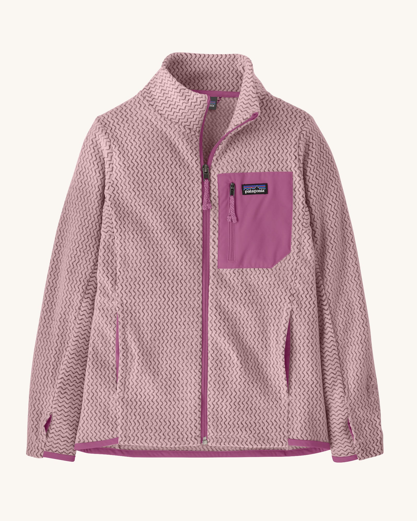 Patagonia kid's R1 air full-zip jacket in quiet violet light purple with a small black logo tab on the chest pocket. 