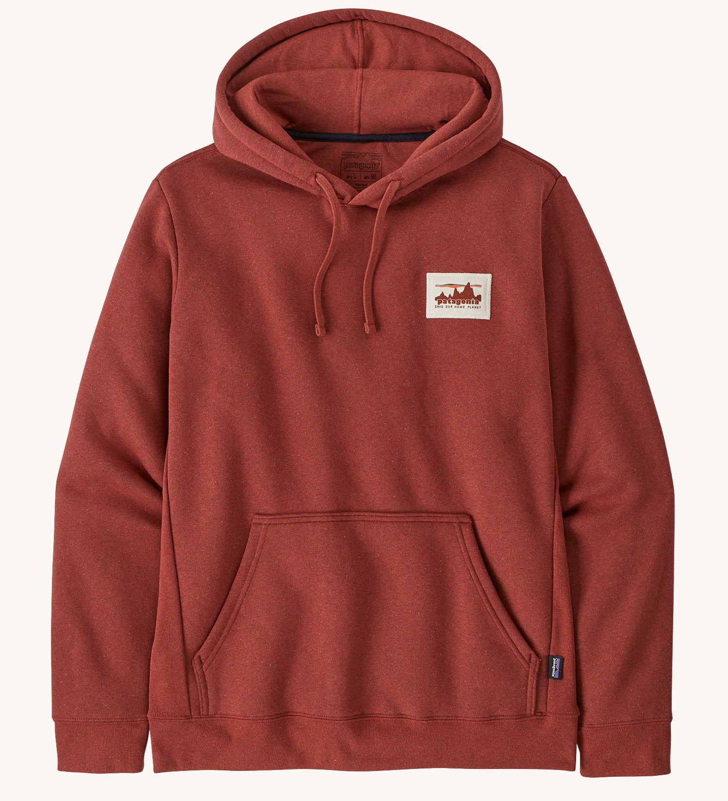 Patagonia adult hoodie red colour on a cream background.