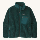Patagonia womens retro-x jacket. A thick dark green fleece. Features a full length zip, chest and side pockets and a logo patch stitched on the left chest.