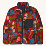 Patagonia womens retro-x jacket. A thick red fleece in red with different colour shapes all over. Features a navy full length zip, chest pocket and a logo patch stitched on the left chest.