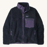 Patagonia womens retro-x jacket. A thick navy fleece and features a dark purple full length zip, chest pocket, side pockets and a logo patch stitched on the left chest.