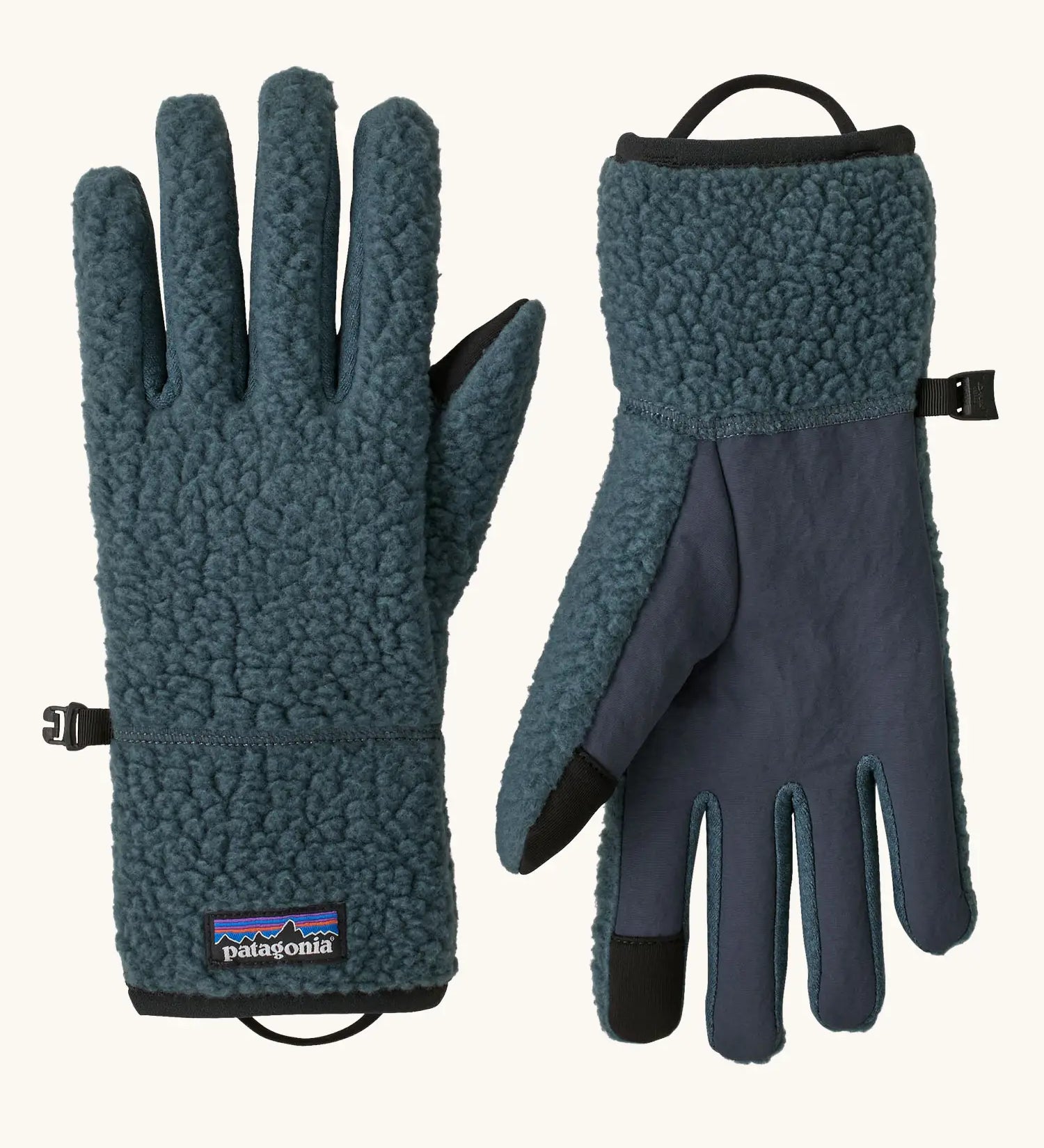 Patagonia adult retro pile fleece gloves in summit blue with touch screen friendly fingertips.
