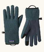 Patagonia adult retro pile fleece gloves in summit blue with touch screen friendly fingertips.
