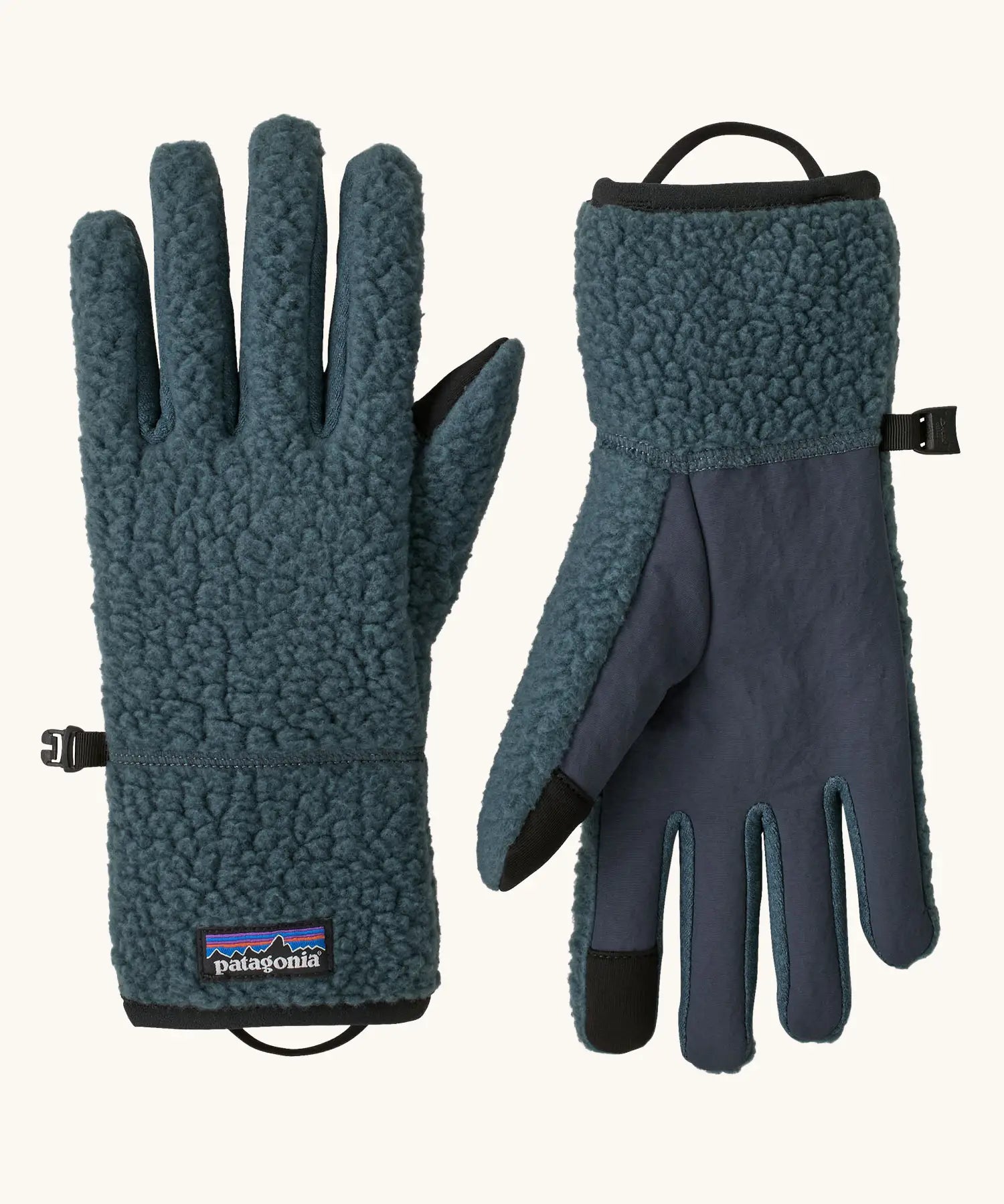 Patagonia adult retro pile fleece gloves in summit blue with touch screen friendly fingertips.
