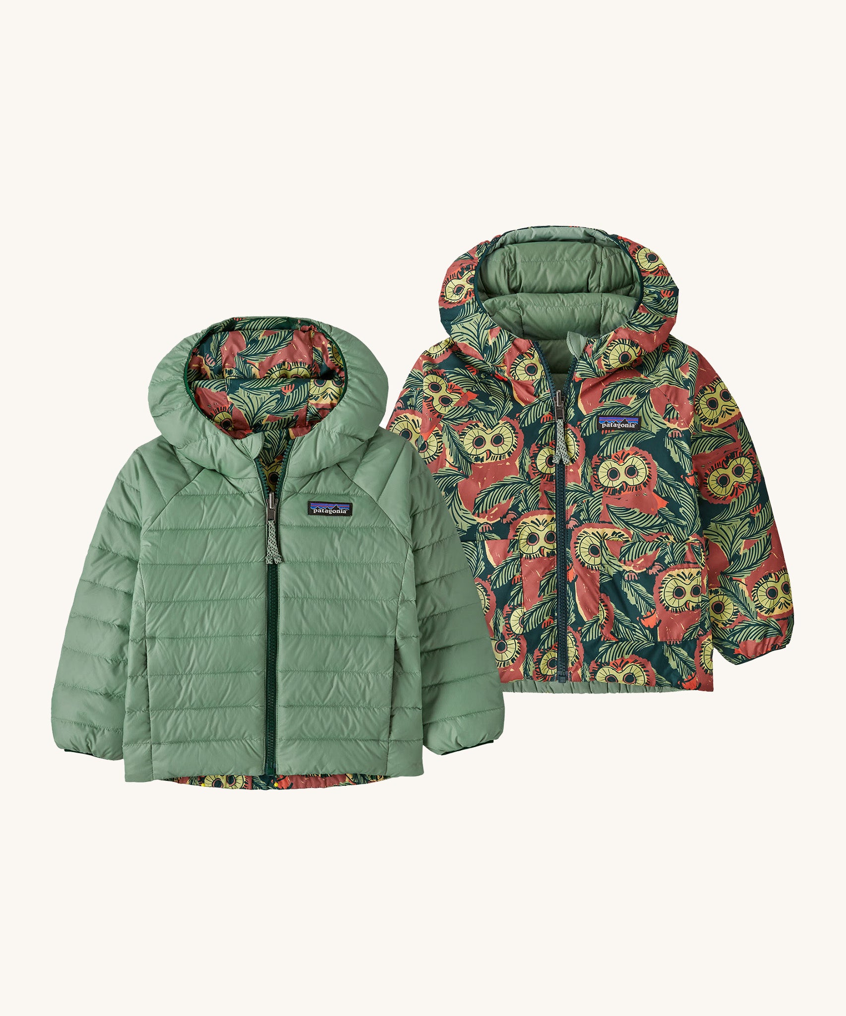 Patagonia Kids Reversible Down Hoody in see saw owl/cascade green design side by side showing the different colour and print detail.