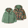 Patagonia Kids Reversible Down Hoody in see saw owl/cascade green design side by side showing the different colour and print detail.