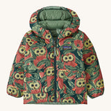 Patagonia little kids down hooded jacket in cascade green/see saw owl. A light warm reversible jacket with a bold funky owl design and  light green on the reversible side. Features a a full length zip and 2 side  pouch pockets