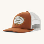 Patagonia broadcaster cap in brown colour on a cream background.