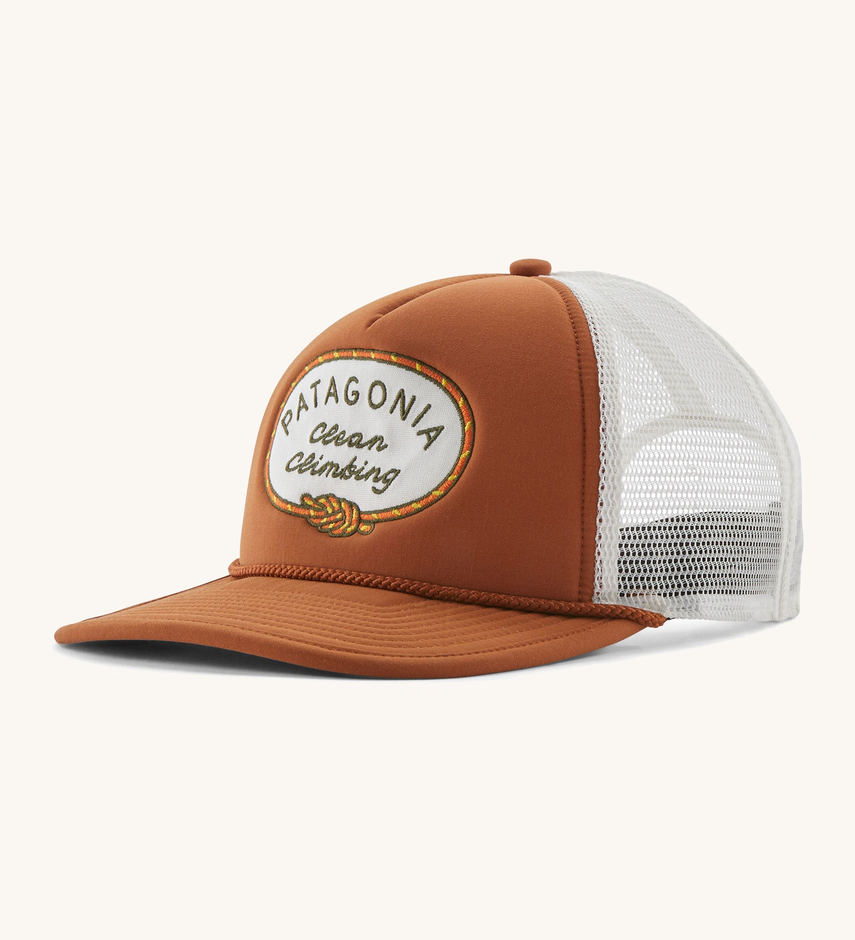 Patagonia broadcaster cap in brown colour on a cream background.