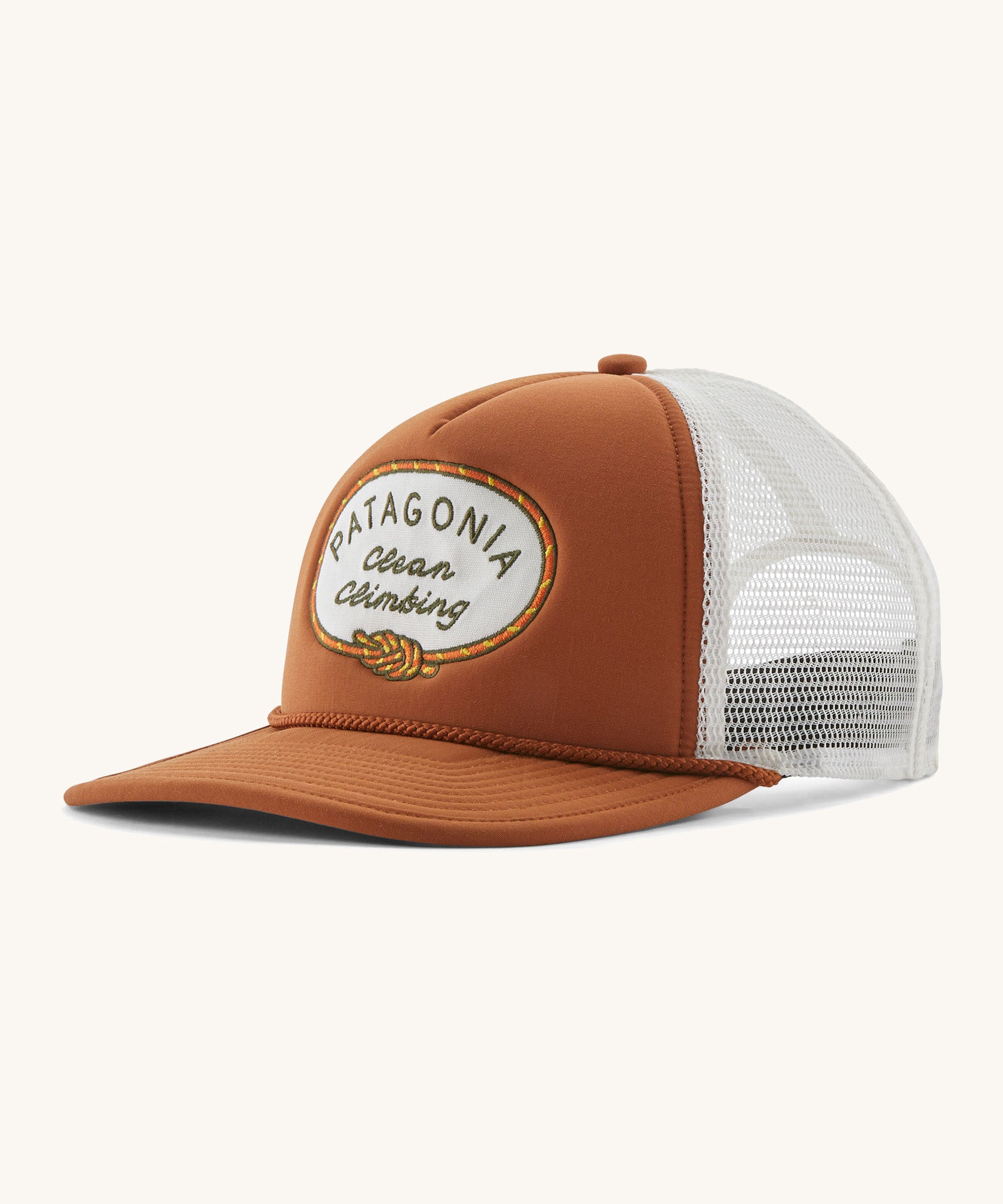 Patagonia broadcaster cap in brown colour on a cream background.