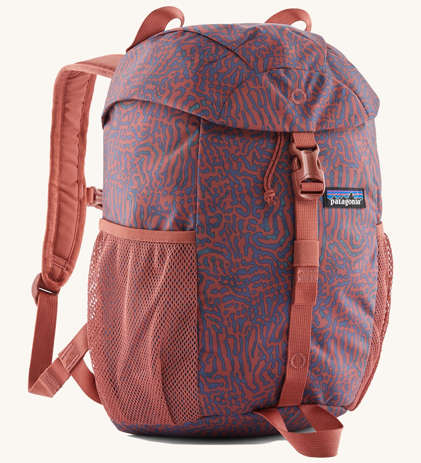 The Patagonia Kids Refugito 12L Backpack   , a dark coral colour backpack with blue patterns all over. Features 2 side mesh pockets and a buckle to close the lid. Logo patch is stitched on the front panel.