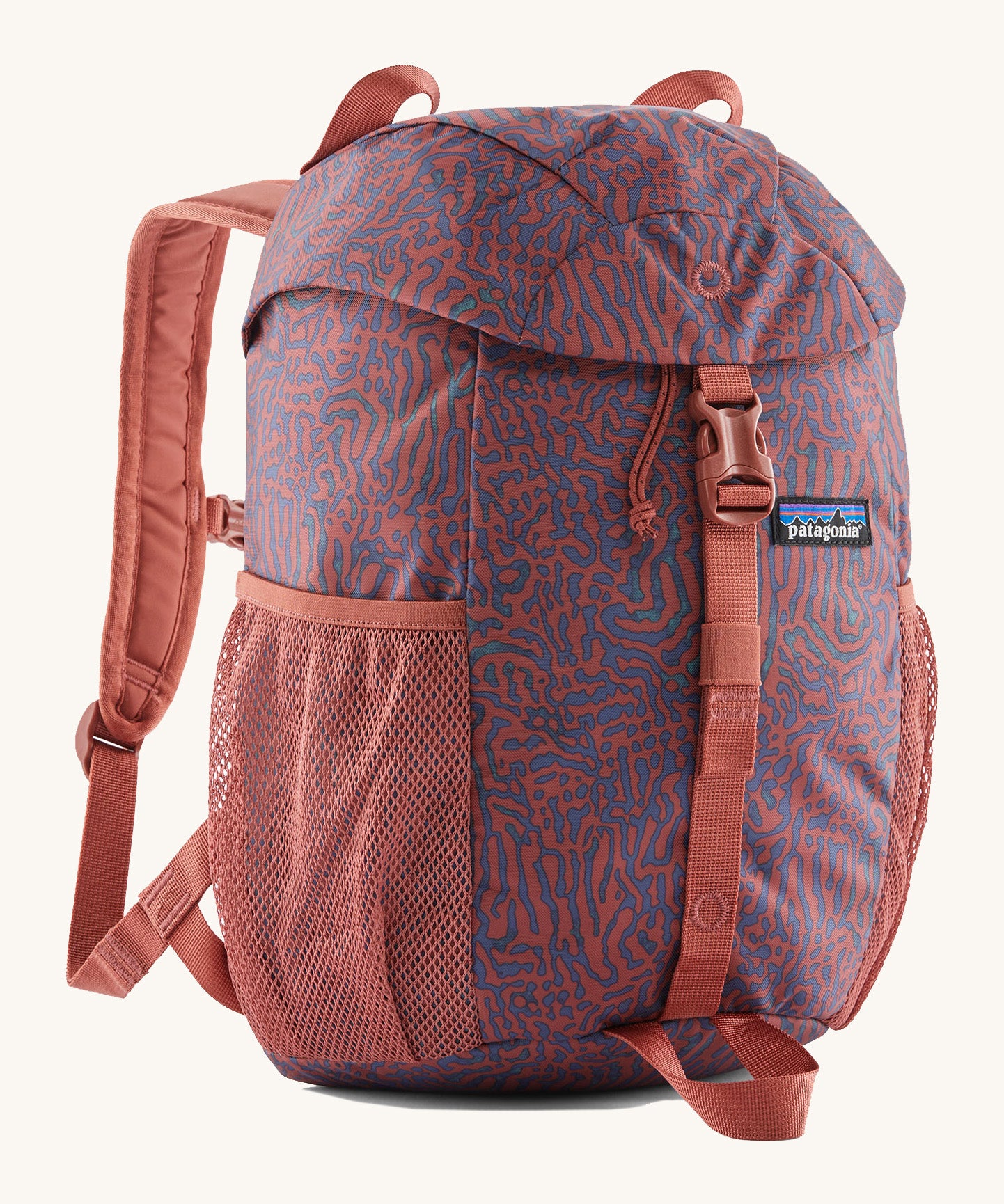 The Patagonia Kids Refugito 12L Backpack   , a dark coral colour backpack with blue patterns all over. Features 2 side mesh pockets and a buckle to close the lid. Logo patch is stitched on the front panel.