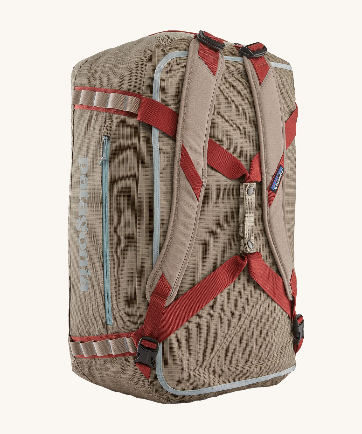 Patagonia 55L duffel bag in a seabird grey colour shoulder strap detail