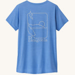 Patagonia women's short sleeve top in light blue beach outline and logo design on a cream background.