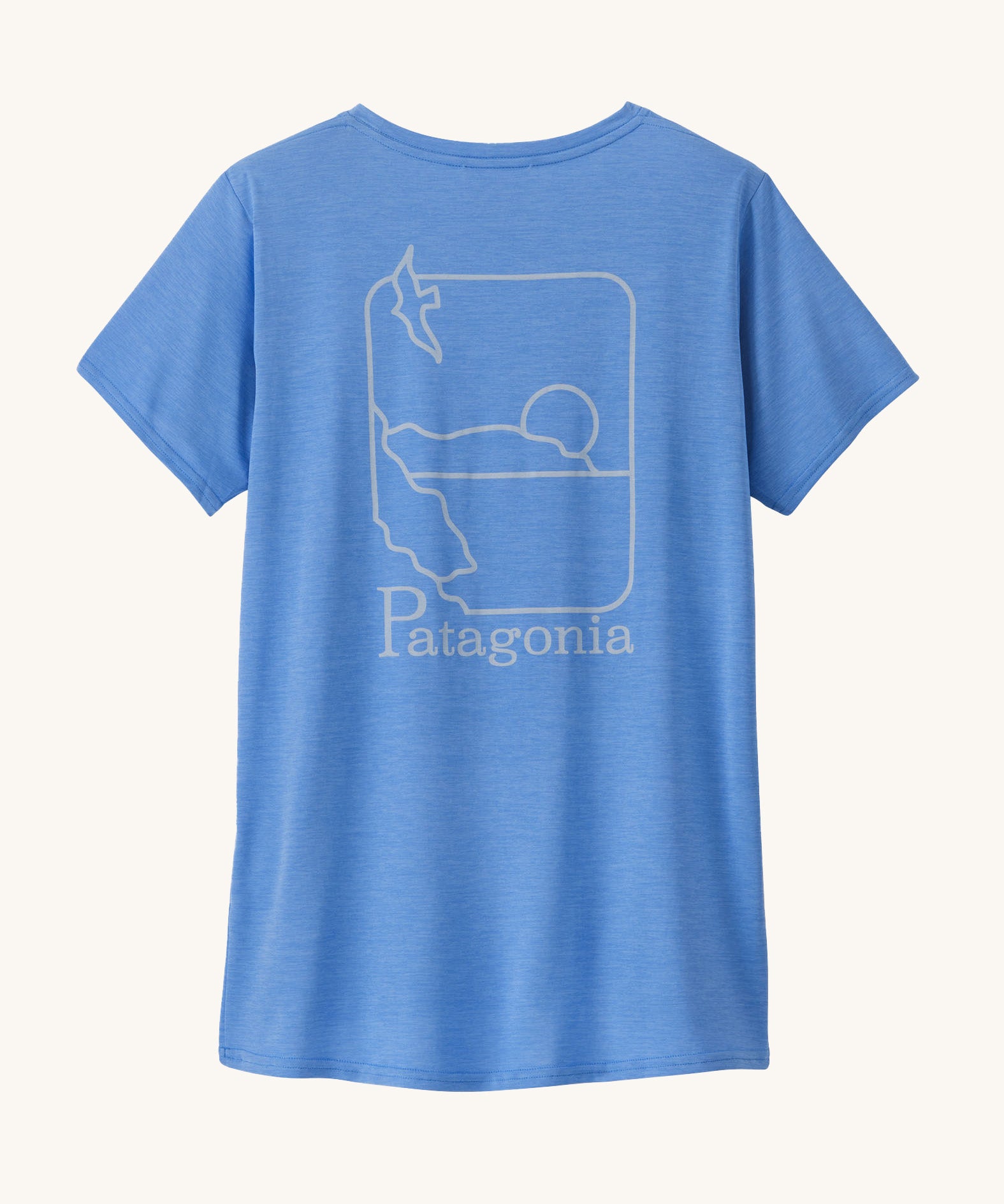 Patagonia women's short sleeve top in light blue beach outline and logo design on a cream background.