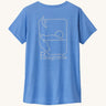 Patagonia women's short sleeve top in light blue beach outline and logo design on a cream background.