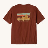 Patagonia Men's 73 Skyline Organic T-Shirt. A brown top with short sleeves with a brand logo in a sketch design printed on the back