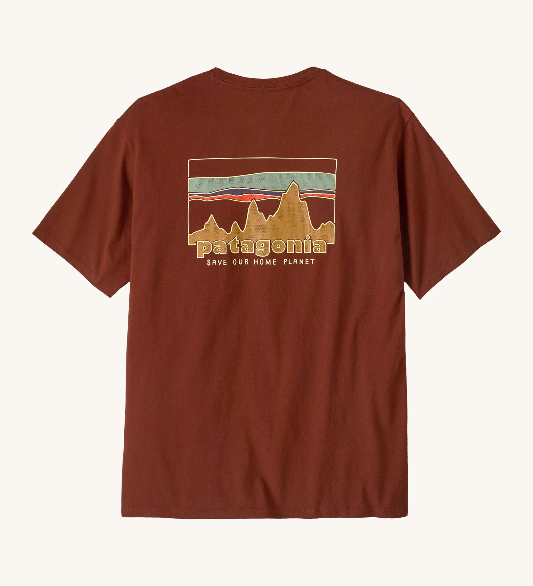 Patagonia Men's 73 Skyline Organic T-Shirt. A brown top with short sleeves with a brand logo in a sketch design printed on the back
