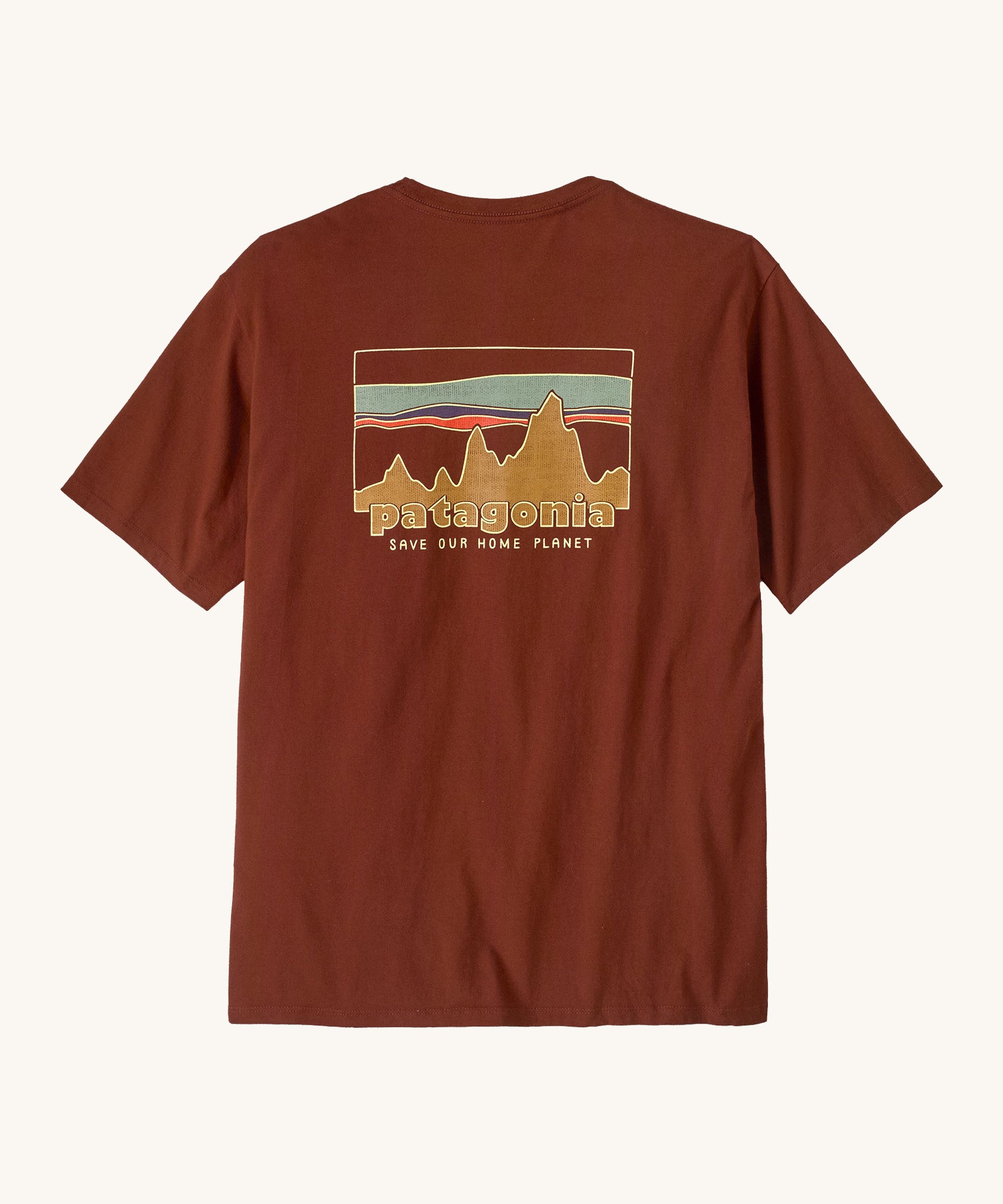Patagonia Men's 73 Skyline Organic T-Shirt. A brown top with short sleeves with a brand logo in a sketch design printed on the back