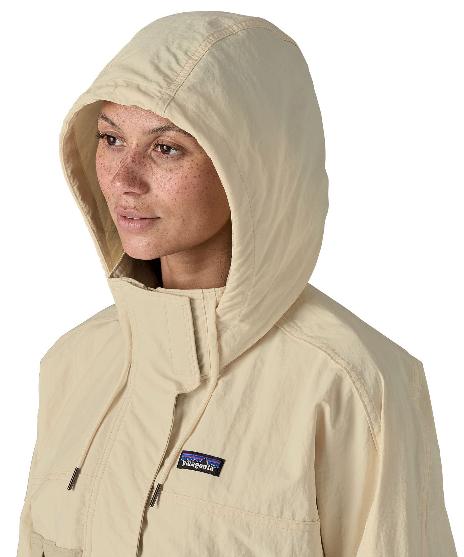 Patagonia women's skysail jacket in a natural colour hood detail