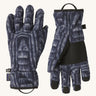 Patagonia adult synchilla gloves in sunken blue. Dark blue gloves with retro patterns, features a grip on the palms and fingertips. Logo label is stitched on the side . 