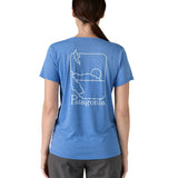 Patagonia women's short sleeve top in light blue beach outline and logo design back detail