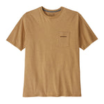 Patagonia men's boardshort logo top in talon gold available at Babipur. A pale gold colour t-shirt with short sleeve with a small chest pocket