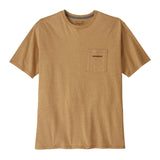 Patagonia men's boardshort logo top in talon gold available at Babipur. A pale gold colour t-shirt with short sleeve with a small chest pocket