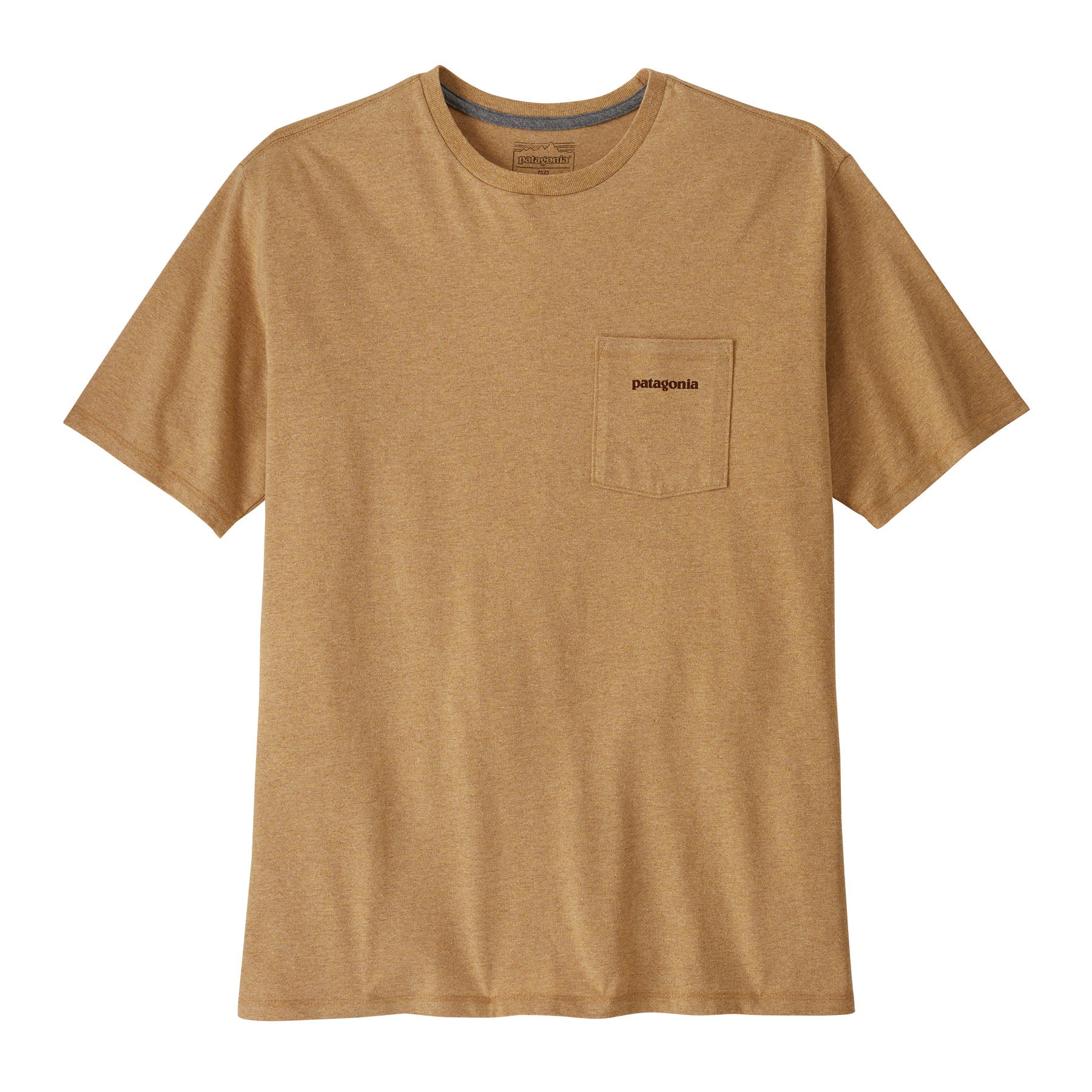 Patagonia men's boardshort logo top in talon gold available at Babipur. A pale gold colour t-shirt with short sleeve with a small chest pocket