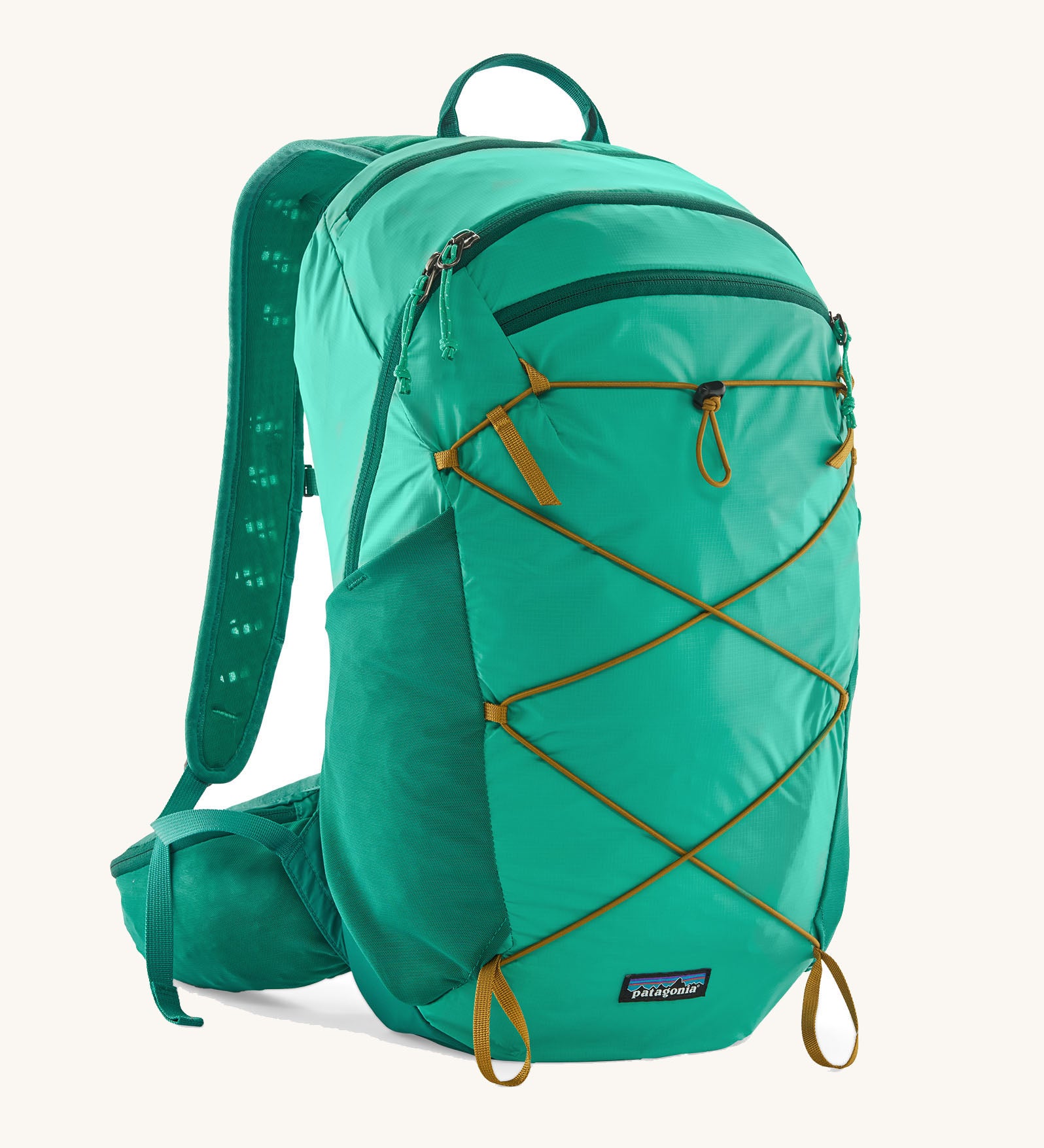 Patagonia terravia 22L backpack 22L in aqua stone with zipped compartments and yellow gear elastics on the front. 