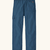 Patagonia kids everyday outdoor pants in a navy colour showing back velcro  pocket and a matching blue belt