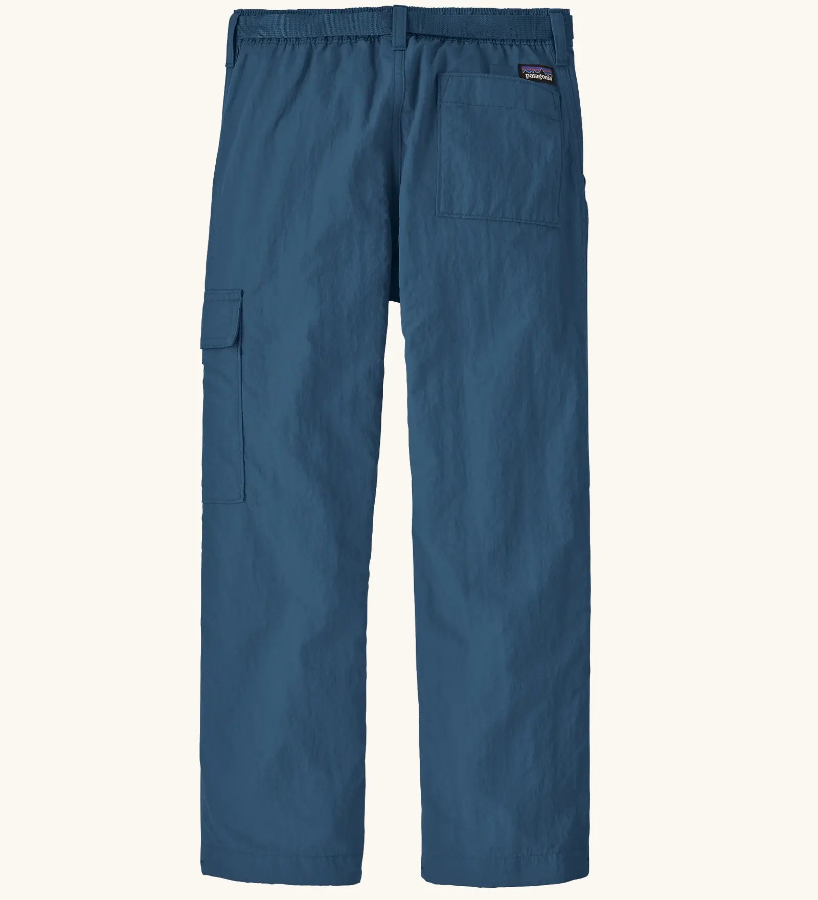 Patagonia kids everyday outdoor pants in a navy colour showing back velcro  pocket and a matching blue belt