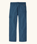 Patagonia kids everyday outdoor pants in a navy colour showing back velcro  pocket and a matching blue belt