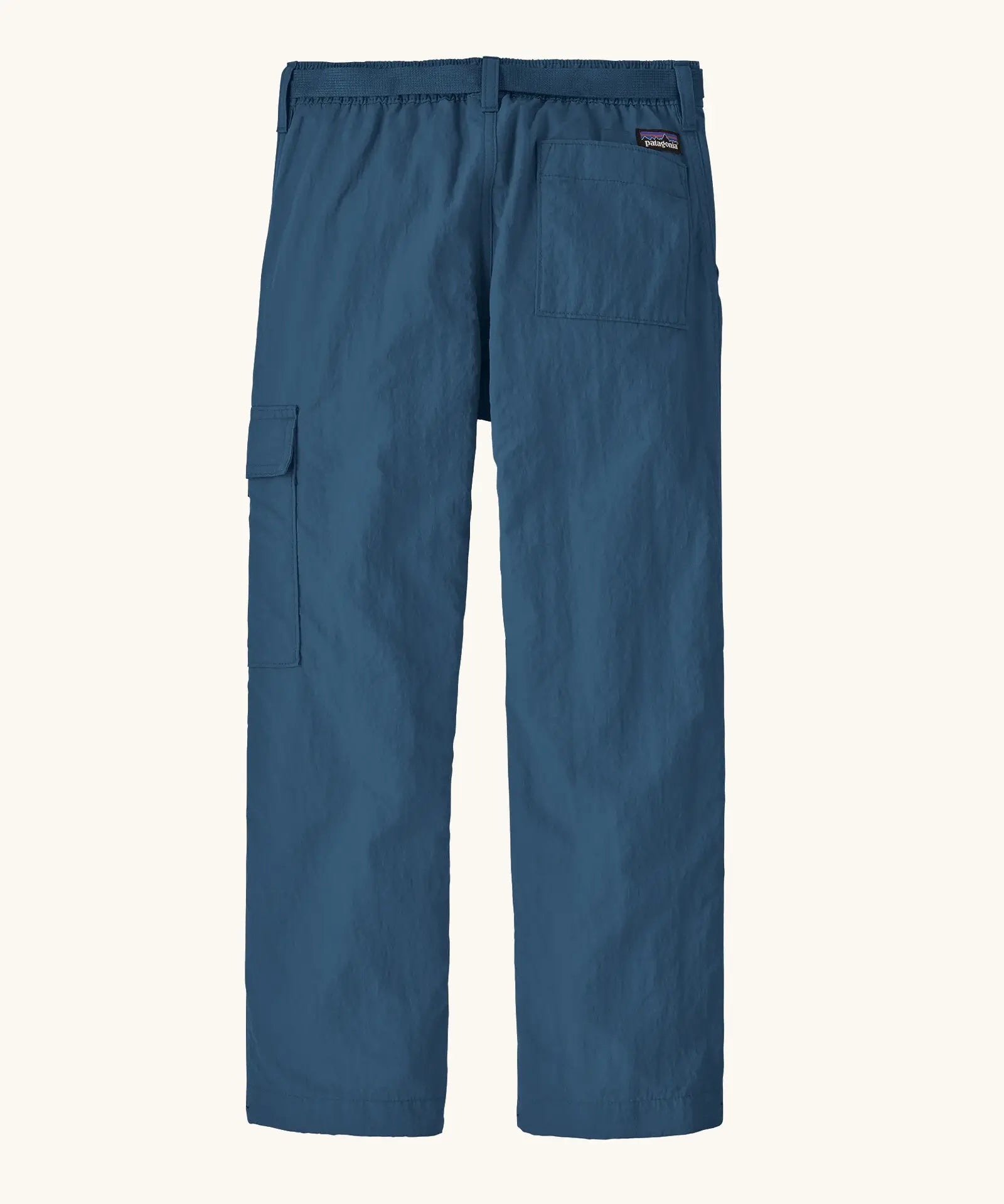 Patagonia kids everyday outdoor pants in a navy colour showing back velcro  pocket and a matching blue belt